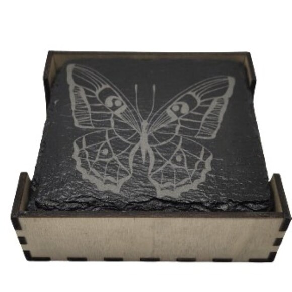 4 Inch Black Coasters Stone Coaster Set, Laser Engraving "Butterfly" Set of 4 - Picture 1 of 10